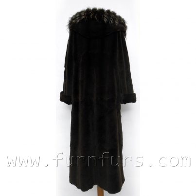 Hooded weasel fur coat with fox